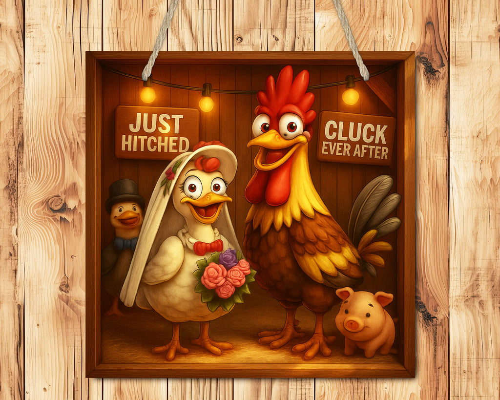 Cartoon chicken and rooster with a pig, framed against a wooden background with 'Just Hitched' and 'Cluck Ever After' signs.