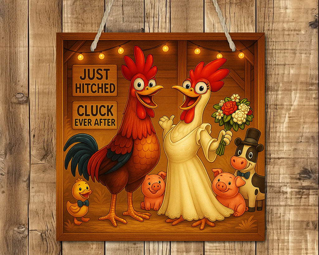 Cartoon rooster and hen with animals on a wooden background with 'Just Hitched Cluck Ever After' text.