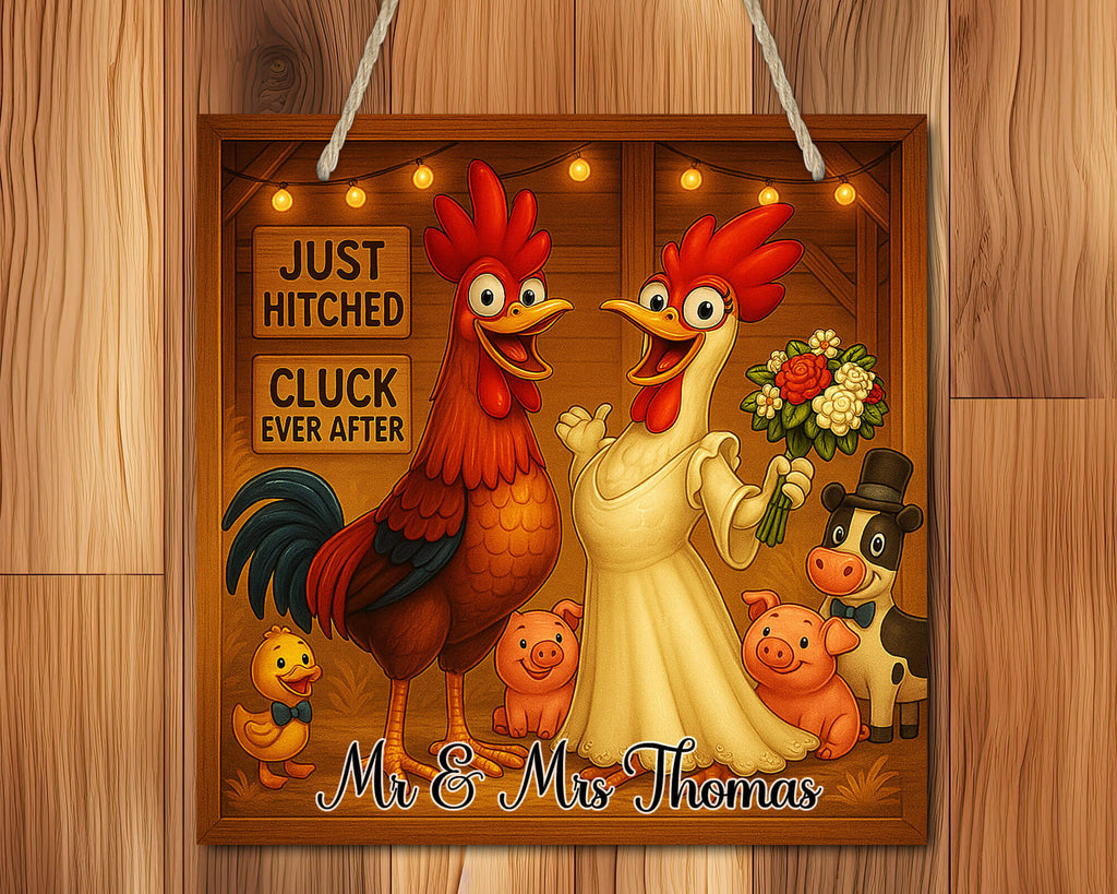 Decorative sign with cartoon rooster and hen, surrounded by animals, on a wooden background.
