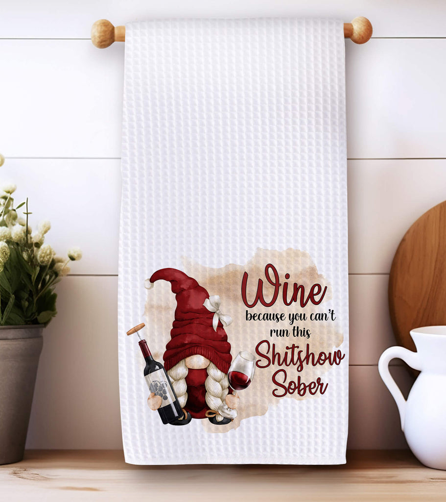 Funny wine kitchen towel set with gnome designs and humorous wine quotes. Made from absorbent waffle weave fabric, perfect for farmhouse bar decor, wine lovers, and rustic kitchen gifts. Ideal for daily use or as a fun hostess or housewarming gift - Personalized Kreation