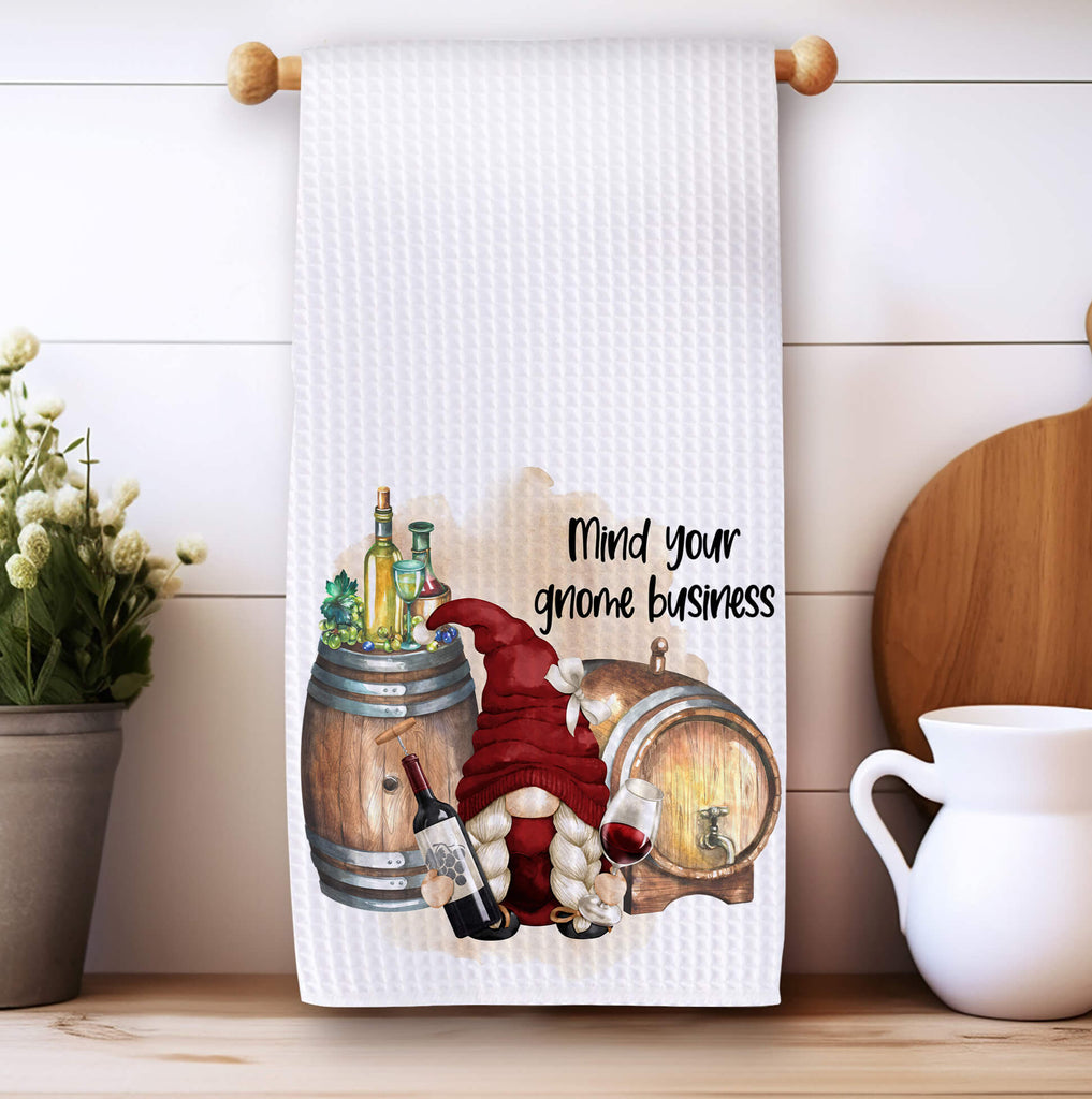 Funny wine kitchen towel set with gnome designs and humorous wine quotes. Made from absorbent waffle weave fabric, perfect for farmhouse bar decor, wine lovers, and rustic kitchen gifts. Ideal for daily use or as a fun hostess or housewarming gift - Personalized Kreation