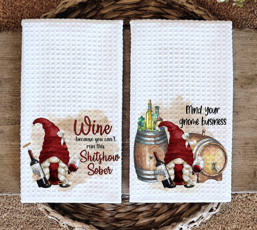 Funny wine kitchen towel set with gnome designs and humorous wine quotes. Made from absorbent waffle weave fabric, perfect for farmhouse bar decor, wine lovers, and rustic kitchen gifts. Ideal for daily use or as a fun hostess or housewarming gift - Personalized Kreation 