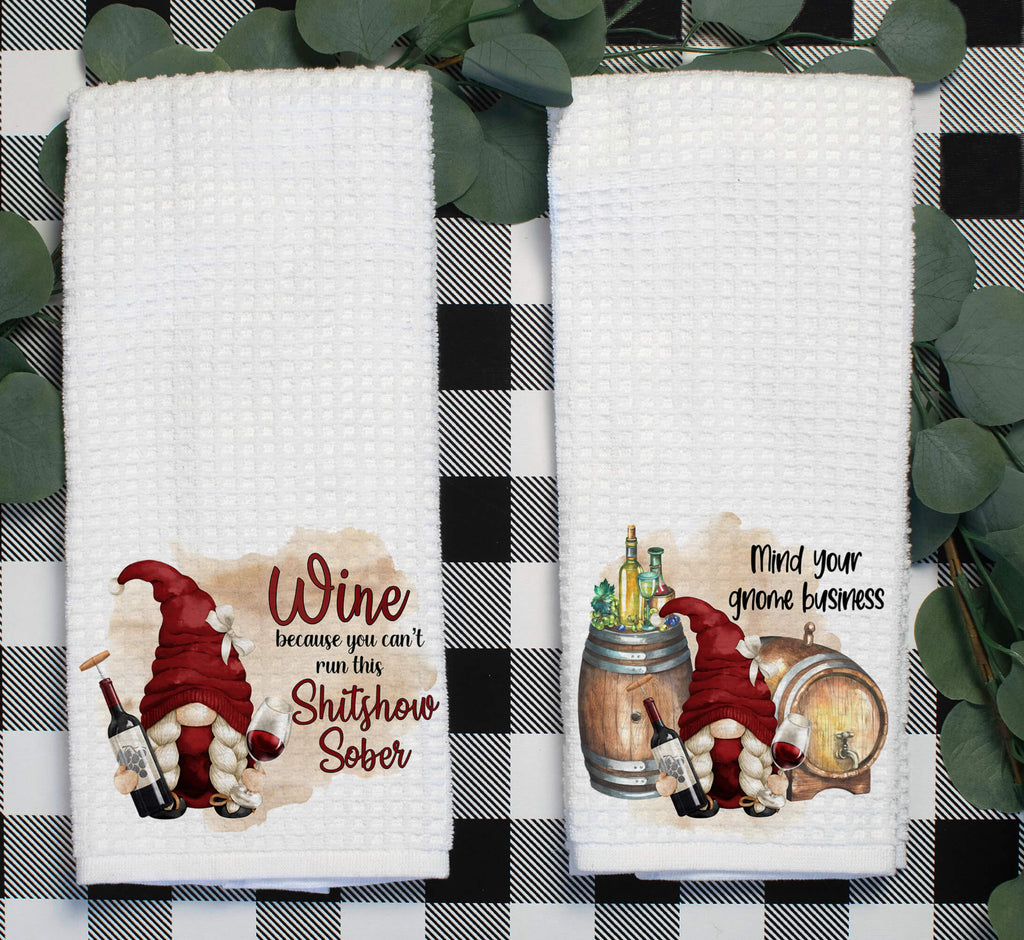 Funny wine kitchen towel set with gnome designs and humorous wine quotes. Made from absorbent waffle weave fabric, perfect for farmhouse bar decor, wine lovers, and rustic kitchen gifts. Ideal for daily use or as a fun hostess or housewarming gift - Personalized Kreation