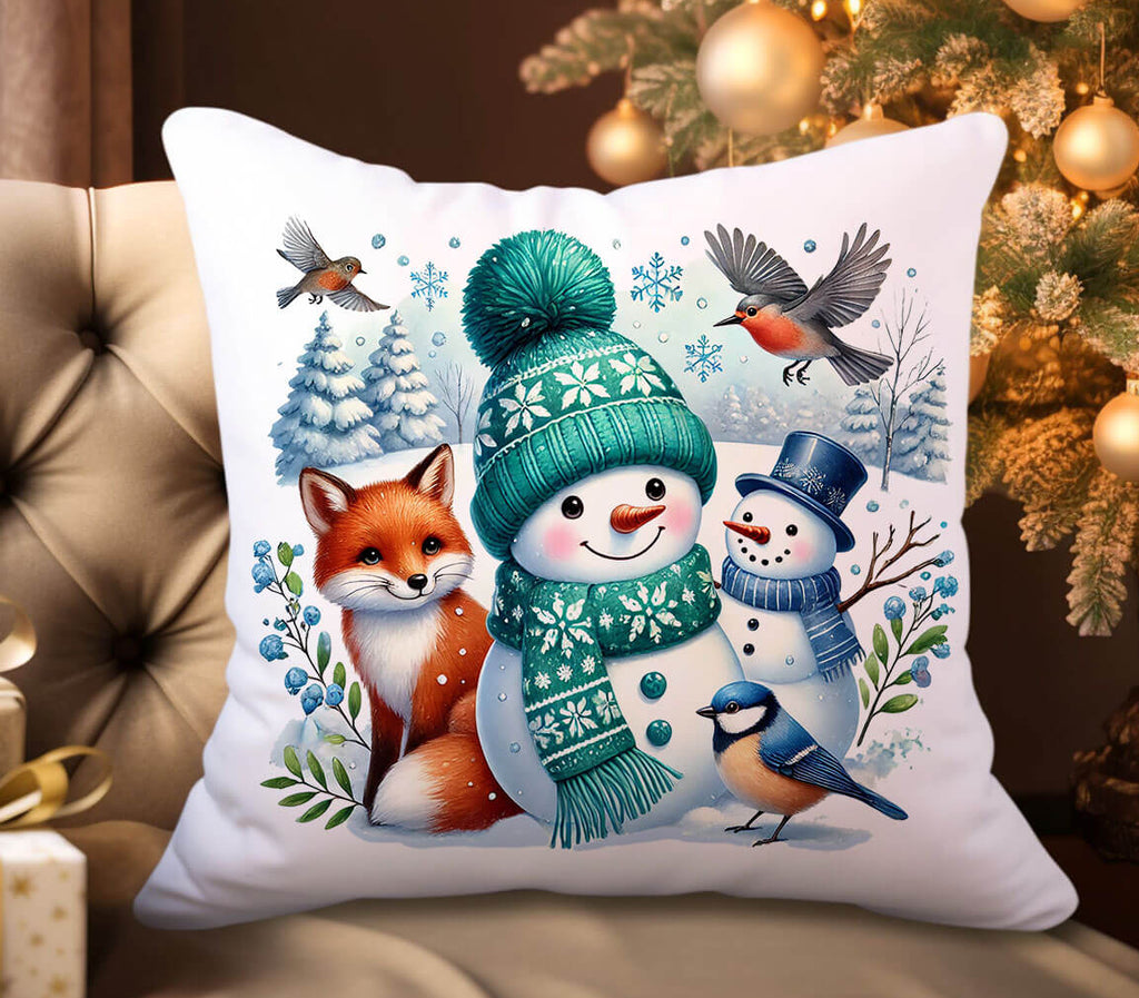 Decorative pillow with winter-themed design featuring a snowman, fox, and birds on a couch.