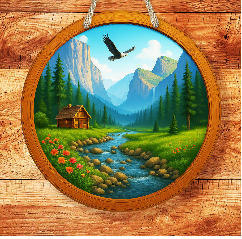Framed artwork of a mountain landscape with a cabin, stream, and eagle.
