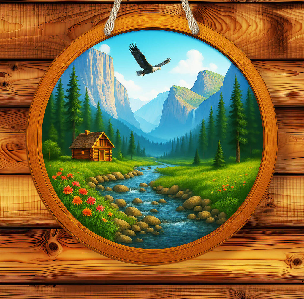 Framed painting of a mountain landscape with a cabin, stream, and eagle.