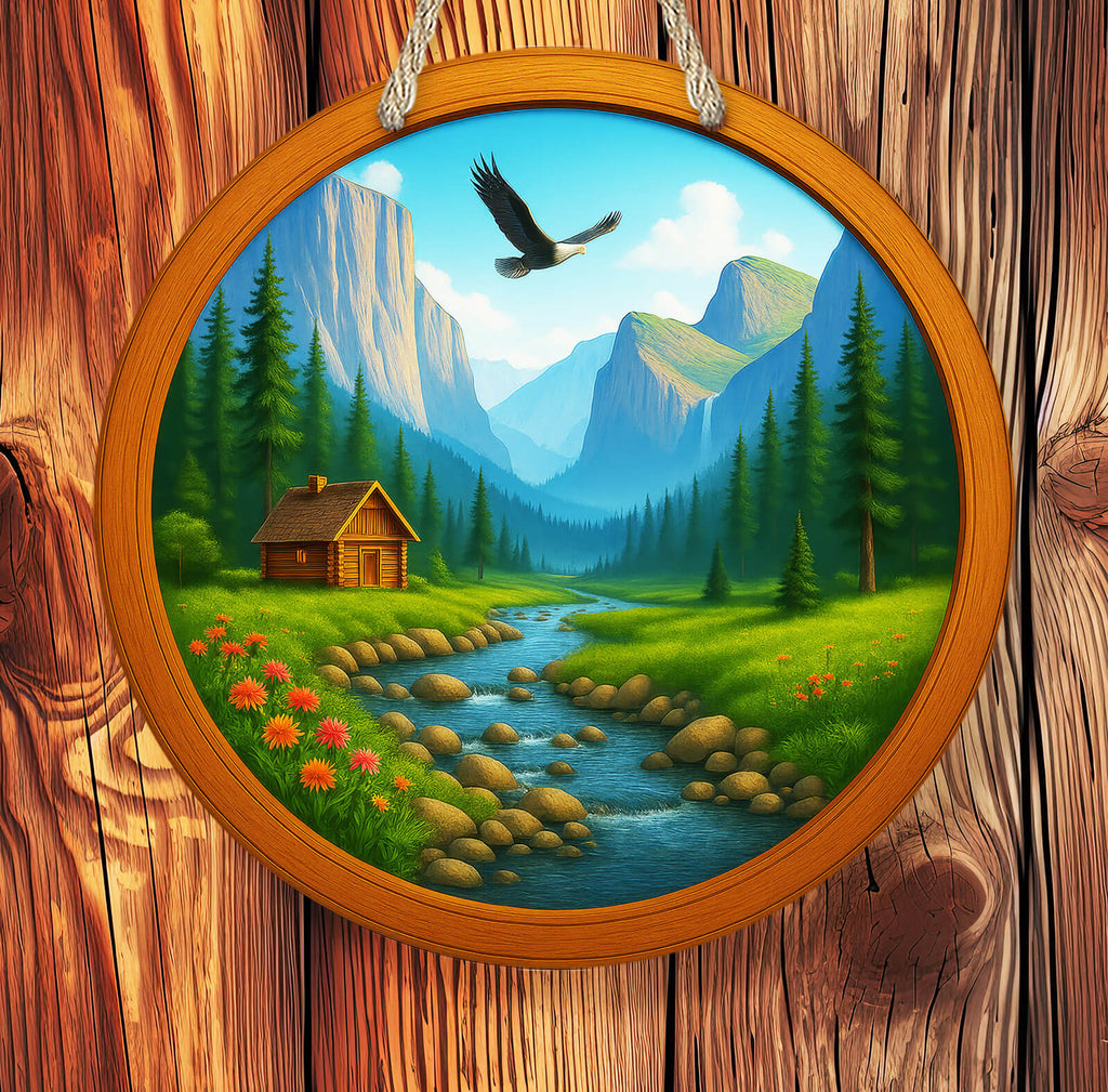 Framed painting of a mountain landscape with a cabin, trees, and a river.