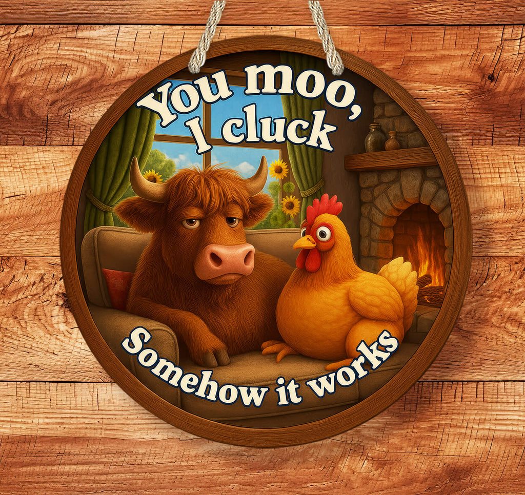 Round wooden sign with a cartoon cow and chicken sitting on a couch, surrounded by text and a cozy room background.