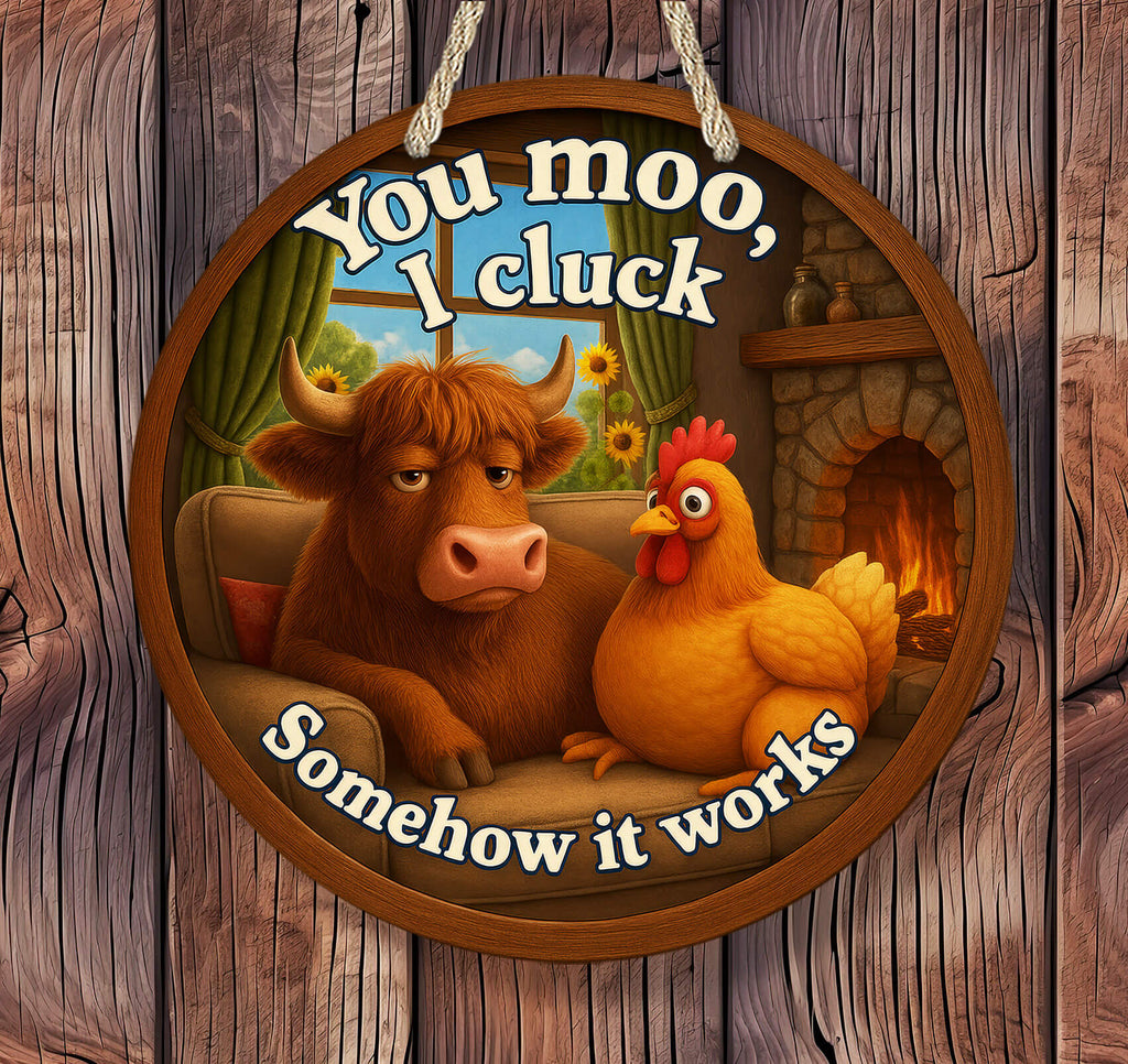 Decorative sign with a cow and chicken sitting together, surrounded by text on a wooden background.